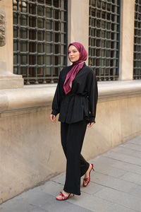 Krinkıl Kumaş Bel Bağlamalı Takım Siyah