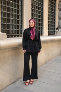 Krinkıl Kumaş Bel Bağlamalı Takım Siyah