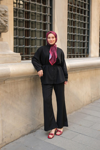 Krinkıl Kumaş Bel Bağlamalı Takım Siyah