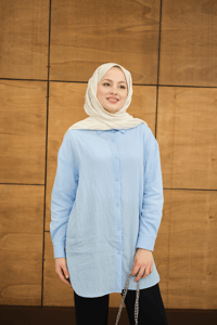 Krinkıl Kumaş Düğme Detay Gömlek Bebe Mavi