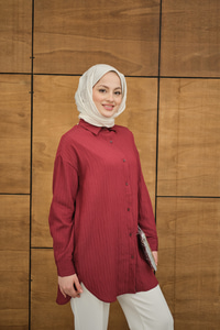 Krinkıl Kumaş Düğme Detay Gömlek Bordo