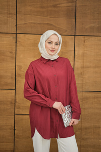 Krinkıl Kumaş Düğme Detay Gömlek Bordo