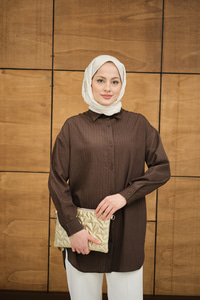 Krinkıl Kumaş Düğme Detay Gömlek Kahverengi