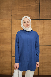 Krinkıl Kumaş Düğme Detay Gömlek Lacivert