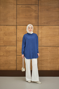 Krinkıl Kumaş Düğme Detay Gömlek Lacivert