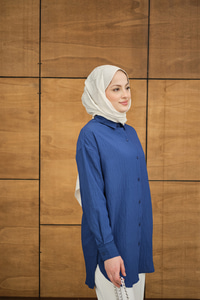 Krinkıl Kumaş Düğme Detay Gömlek Lacivert