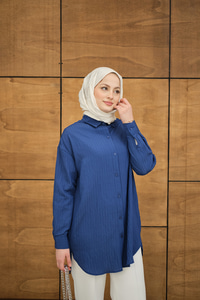 Krinkıl Kumaş Düğme Detay Gömlek Lacivert