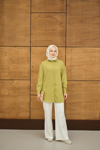 Krinkıl Kumaş Düğme Detay Gömlek Yağ Yeşil