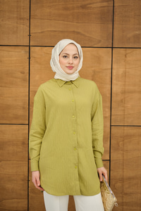 Krinkıl Kumaş Düğme Detay Gömlek Yağ Yeşil
