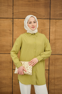 Krinkıl Kumaş Düğme Detay Gömlek Yağ Yeşil