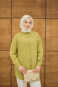 Krinkıl Kumaş Düğme Detay Gömlek Yağ Yeşil