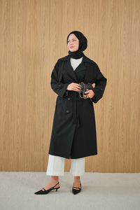 Kruvaze Yaka Bel Bağlamalı Çift Cepli Trenç Siyah