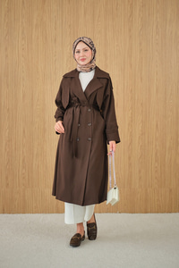 Kruvaze Yaka Bel Bağlamalı Çift Cepli Trenç Kahverengi