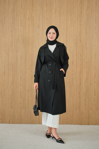 Kruvaze Yaka Bel Bağlamalı Çift Cepli Trenç Siyah