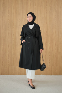 Kruvaze Yaka Bel Bağlamalı Çift Cepli Trenç Siyah