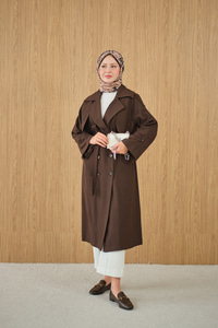 Kruvaze Yaka Bel Bağlamalı Çift Cepli Trenç Kahverengi