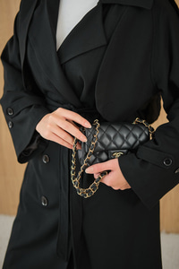 Kruvaze Yaka Bel Bağlamalı Çift Cepli Trenç Siyah