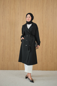 Kruvaze Yaka Bel Bağlamalı Çift Cepli Trenç Siyah