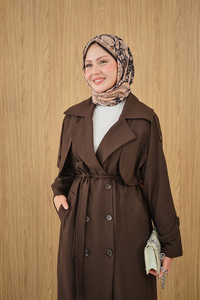 Kruvaze Yaka Bel Bağlamalı Çift Cepli Trenç Kahverengi