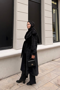 Kruvaze Yaka Bel Bağlamalı Kaban Siyah