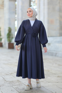 Kruvaze Yaka Belden Bağlamalı Elbise Lacivert