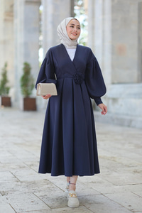 Kruvaze Yaka Belden Bağlamalı Elbise Lacivert