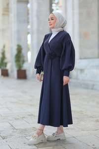 Kruvaze Yaka Belden Bağlamalı Elbise Lacivert