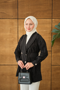 Kruvaze Yaka Brode Detaylı Apoletli Ceket Siyah