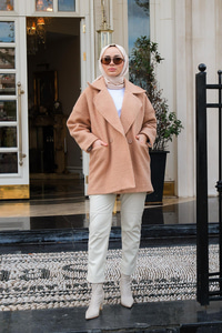 Kruvaze Yaka Buklet Kaban Camel