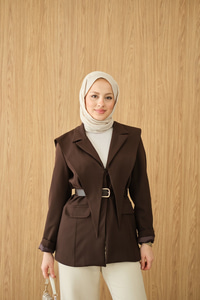 Kruvaze Yaka Cep Detay Ceket Kahverengi