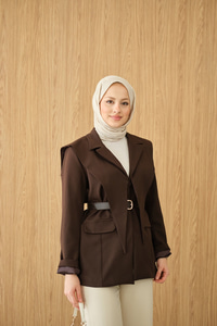 Kruvaze Yaka Cep Detay Ceket Kahverengi