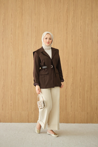 Kruvaze Yaka Cep Detay Ceket Kahverengi