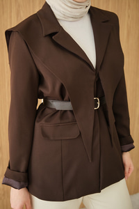 Kruvaze Yaka Cep Detay Ceket Kahverengi