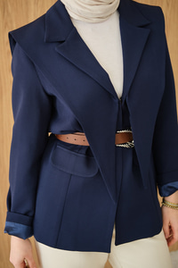 Kruvaze Yaka Cep Detay Ceket Lacivert