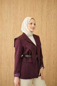 Kruvaze Yaka Cep Detay Ceket Mürdüm