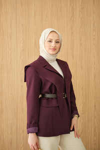 Kruvaze Yaka Cep Detay Ceket Mürdüm