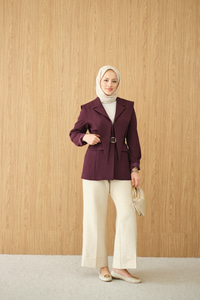 Kruvaze Yaka Cep Detay Ceket Mürdüm