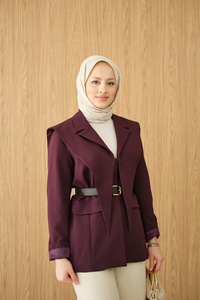 Kruvaze Yaka Cep Detay Ceket Mürdüm