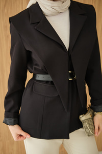 Kruvaze Yaka Cep Detay Ceket Siyah