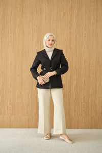 Kruvaze Yaka Cep Detay Ceket Siyah