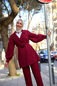 Kruvaze Yaka Gül Kemerli Takım Bordo