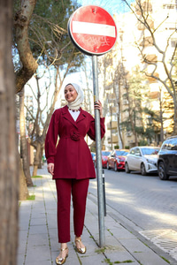 Kruvaze Yaka Gül Kemerli Takım Bordo