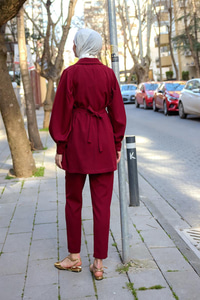 Kruvaze Yaka Gül Kemerli Takım Bordo