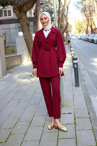 Kruvaze Yaka Gül Kemerli Takım Bordo