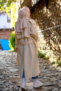 Kruvaze Yaka İspanyol Kol Trençkot Krem