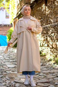 Kruvaze Yaka İspanyol Kol Trençkot Krem