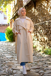 Kruvaze Yaka İspanyol Kol Trençkot Krem