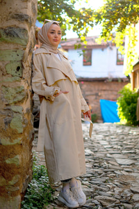 Kruvaze Yaka İspanyol Kol Trençkot Krem