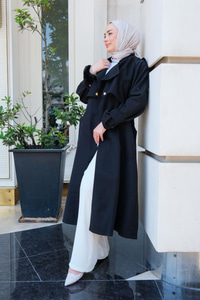 Kruvaze Yaka İspanyol Kol Trençkot Siyah