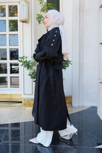 Kruvaze Yaka İspanyol Kol Trençkot Siyah